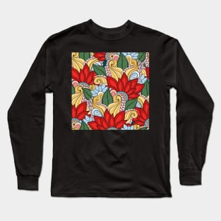 Doodle Pattern with Floral Motifs Long Sleeve T-Shirt